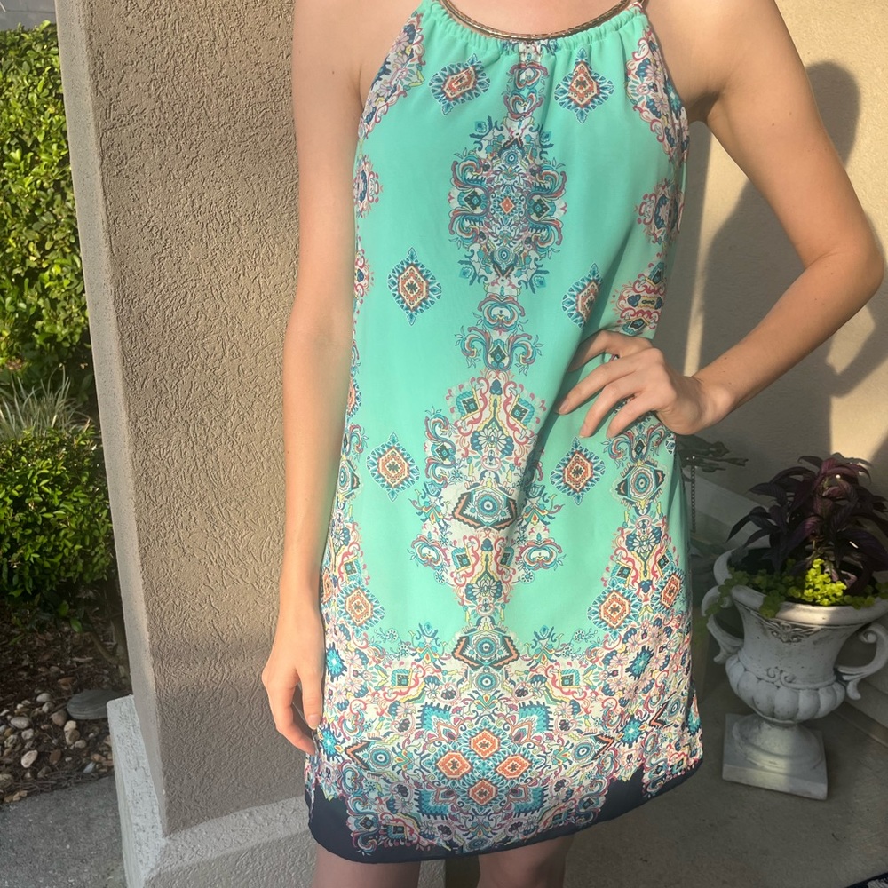 Summer dress from by and by. Size S. Green multicolor. Gold colored bar at neck.